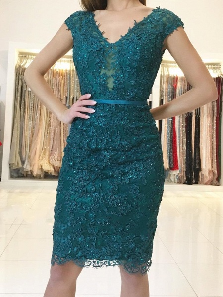 Elegant Short Sheath Lace Green V-neck Prom Dresses_1