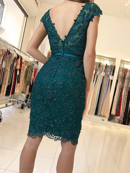 Elegant Short Sheath Lace Green V-neck Prom Dresses_2