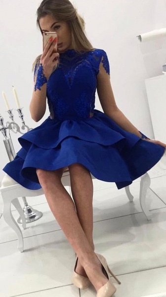 Elegant Short A-line Lace Long Sleeve Prom Dress_4