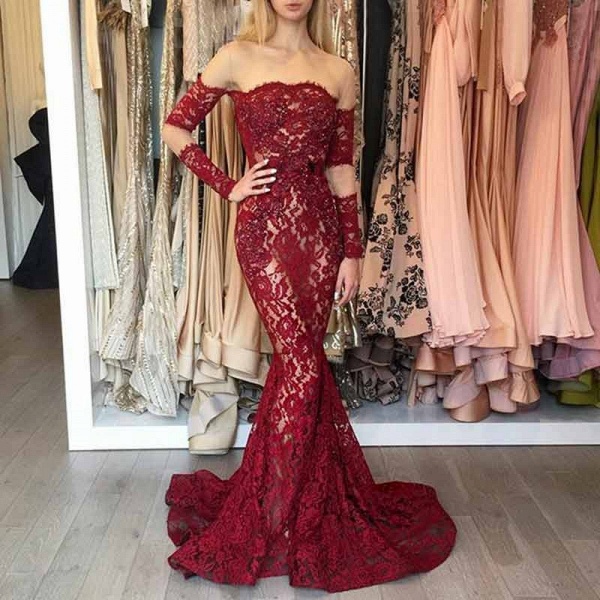 Amazing Off-the-shoulder Long Sleeves Lace Mermaid Floor-length Prom Dress_3