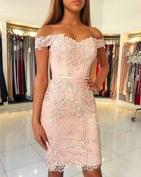 Classy Off-the-shoulder Knee-length Sheath Prom Dress With Appliques Lace_3