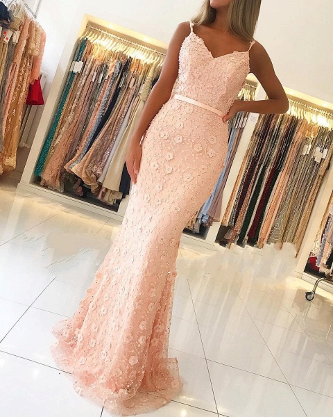 Classy Spaghetti Straps Sweetheart Lace Open Back Mermaid Prom Dress_1