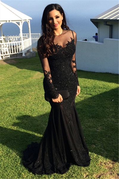 Long Mermaid Black Tulle Applique Lace Prom Dresses with Sleeves_1