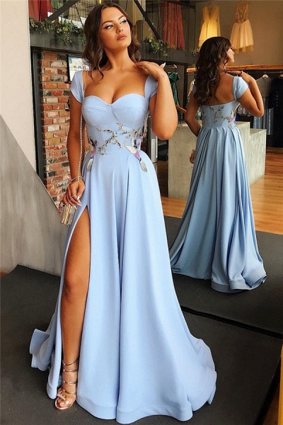 Long A-line Open Back Cap Sleeves Prom Dresses with Slit_3