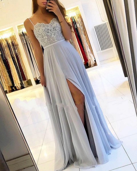 A-Line Spaghetti Straps Lace Floor-length Ruffles Prom Dress With Side Slit_1