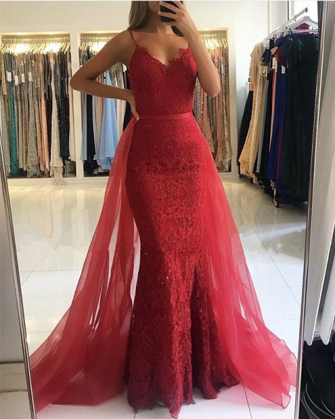 Spaghetti Straps V-neck Lace Floor-length Mermaid Prom Dress With Tulle Train_1