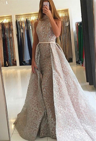 Gorgeous High Neck Sequins Mermaid Prom Dress With Detachable Train_1
