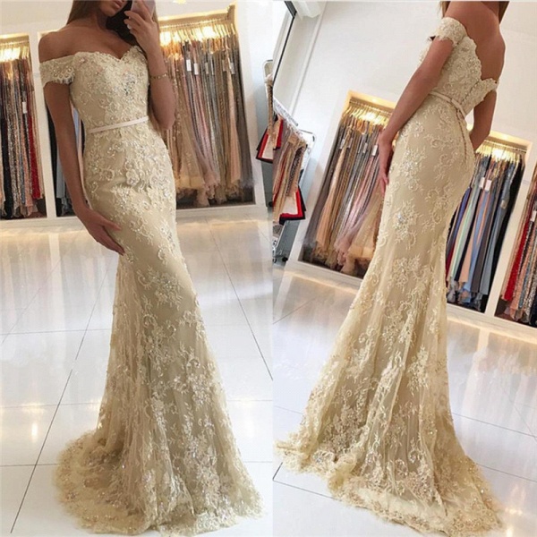 Chic Appliques Lace Off-the-shoulder Floor-length Tulle Mermaid Prom Dress_2