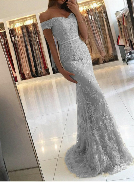 Chic Appliques Lace Off-the-shoulder Floor-length Tulle Mermaid Prom Dress_3