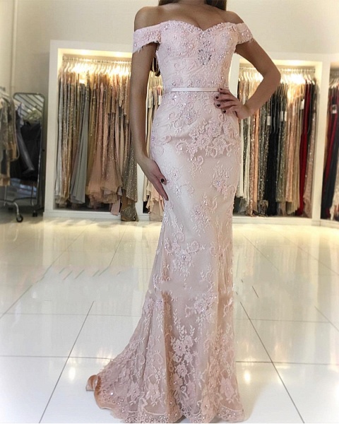 Off-the-shoulder Backless Appliques Lace Beading Mermaid Prom Dress_1