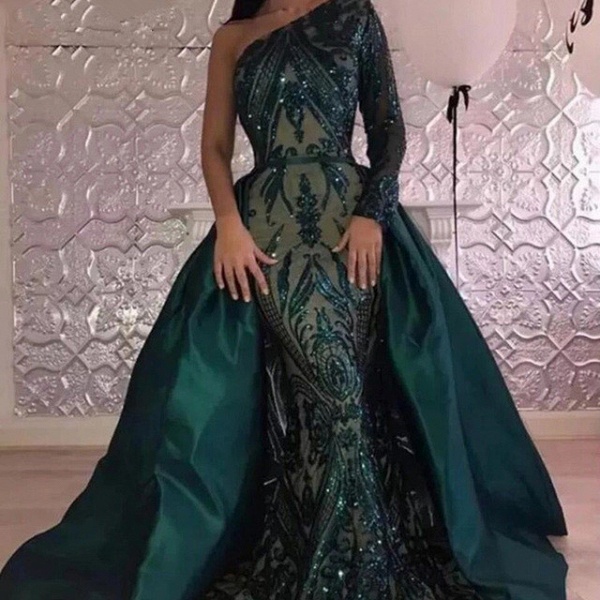Long Sleeves Mermaid One Shoulder Sequins Prom Dress with Overskirt_3