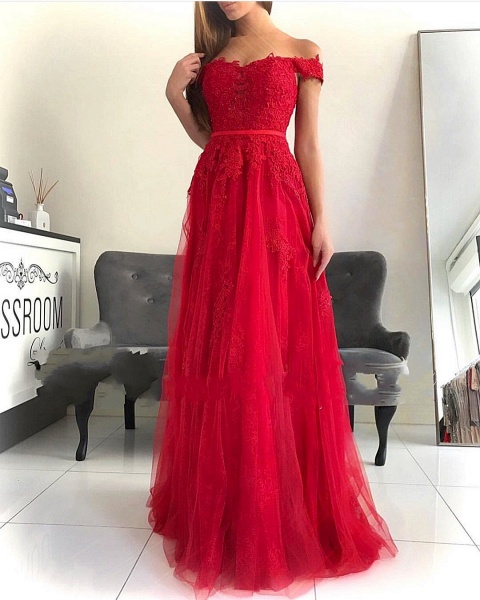 Classy Off-the-shoulder Lace A-Line Ruffles Floor-length Prom Dress_1