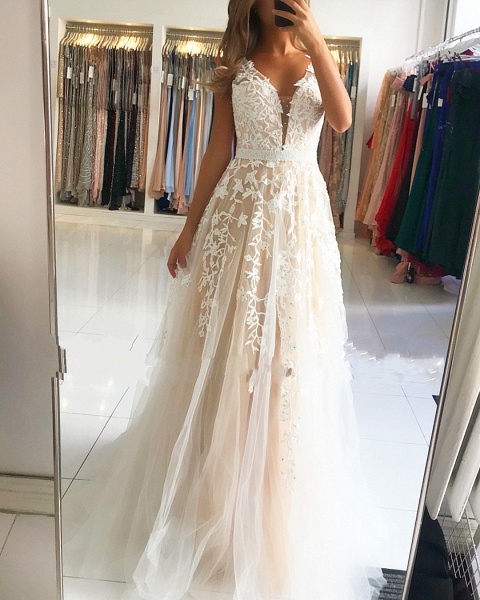 Delicate V-neck Open Back Lace Floor-length A-Line Ruffles Prom Dress_1