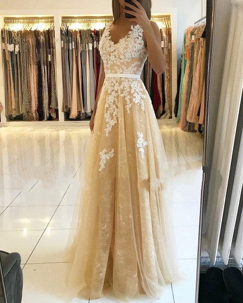 Stunning V-neck Open Back Lace Floor-length A-Line Ruffles Prom Dress_1