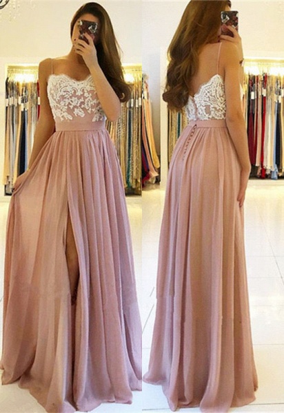 Classy Spaghetti Straps Floral A-Line Ruffles Chiffon Prom Dress With Side Slit_2