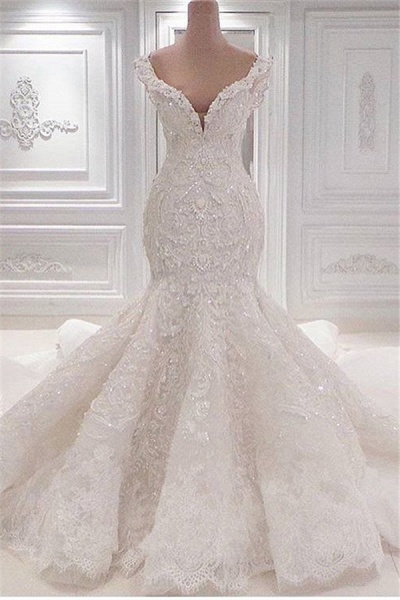 Gorgeous V-neck Appliques Lace Ruffles Floor-length Mermaid Wedding Dress_1