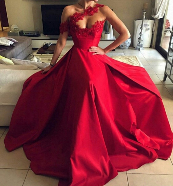 Classy Red One Shoulder Sweetheart A-Line Prom Dresses_2