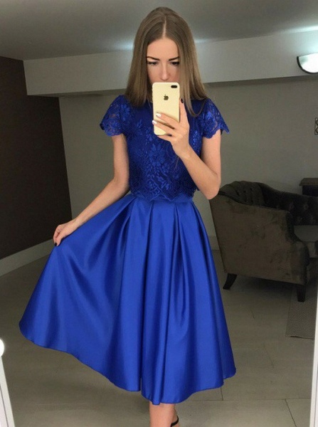 Elegant Short A-line Stain Lace Prom Dress with Sleeves_1