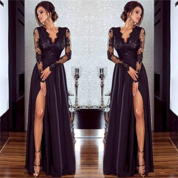 Chic Long A-line Chiffon Lace Front Split Prom Dress with Sleeves ...