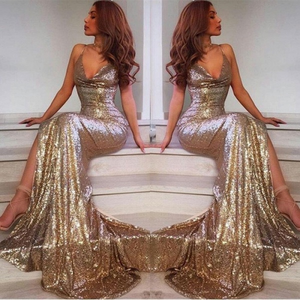 Sexy Long Mermaid V-neck Open Back Sequins Prom Dress with Slit_3