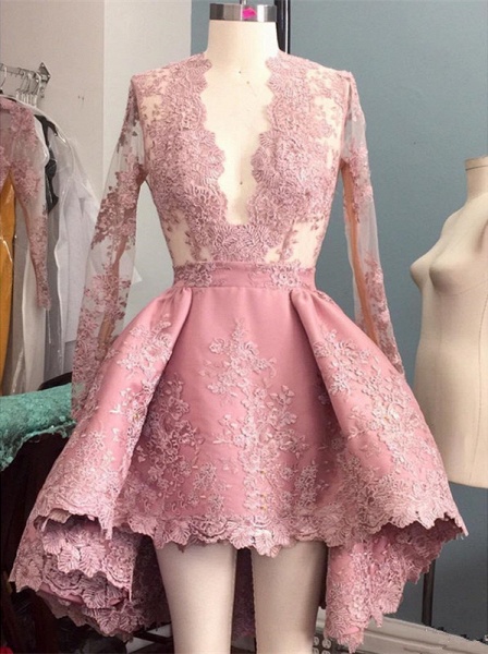 Elegant Short High Low V-Neck Long-Sleeves Pink Prom Dress_1