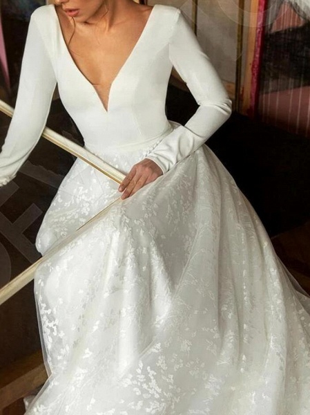 Simple Long A-line V-neck Satin Tulle Lace Wedding Dresses with Sleeves_3