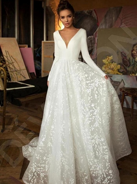 Simple Long A-line V-neck Satin Tulle Lace Wedding Dresses with Sleeves_1