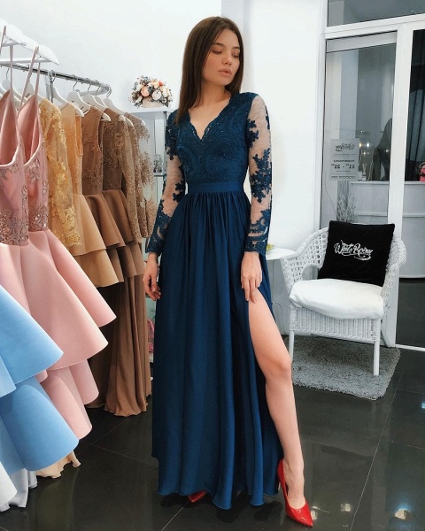 Gorgeous Blue Long Sleeves A-Line Prom Dresses with Slit_5