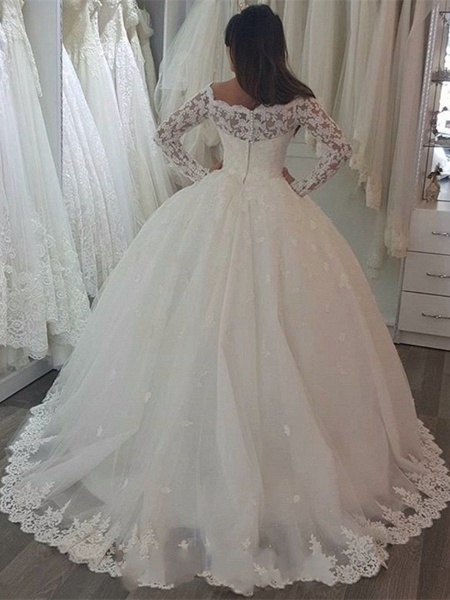 Pretty Off the Shoulder Long Sleeve Princess Wedding Dress With Appliques Lace_2