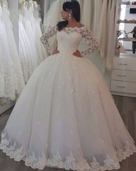 Pretty Off the Shoulder Long Sleeve Princess Wedding Dress With Appliques Lace_1