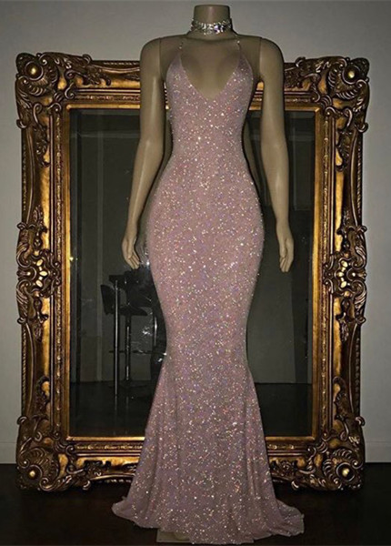 Stunning Long Mermaid Spaghetti Straps Floor-length Sequined Prom Dress_1