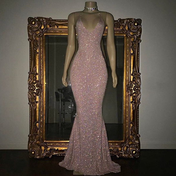 Stunning Long Mermaid Spaghetti Straps Floor-length Sequined Prom Dress_2