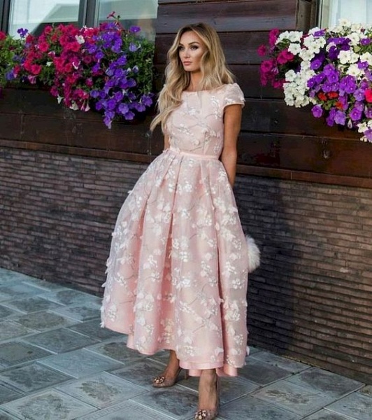 Nectarean Pink Flowers Jewel A-Line Tea-length Prom Dresses_2