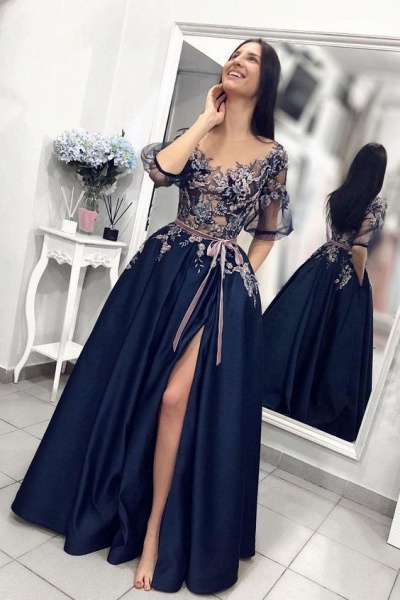 Fabulous Appliques Lace Off-the-shoulder Ribbons A-Line Prom Dresses with Slit_1