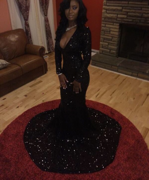 Sparkly Sequins Long Sleeve Deep V-Neck Black Prom Dresses_1
