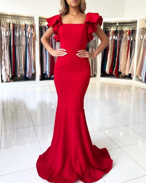 Charming Red Square Neckline Ruffles Mermaid Prom Dresses_1