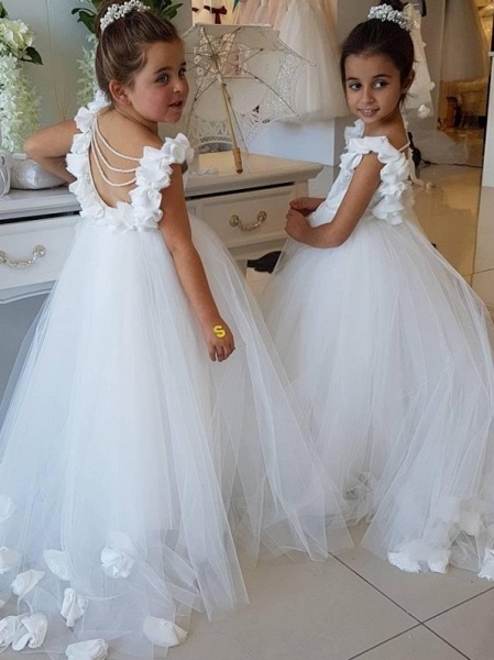 Cute Tulle Appliques Backless Flower Girl Dresses with Pearls_1