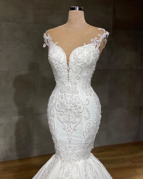 Exquisite transparente Spitze mit V-Ausschnitt, ärmellose Meerjungfrau-Hochzeitskleider_3