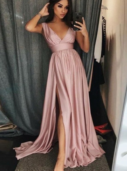 Charming Pink V-neck Sleeveless A-line Prom Dresses with Slit_2