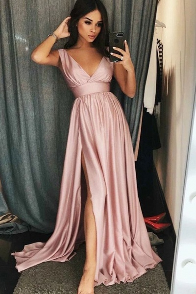 Charming Pink V-neck Sleeveless A-line Prom Dresses with Slit_1