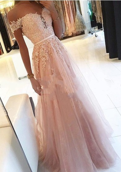 Elegant Off-the-shoulder Appliques Lace A-Line Ruffles Floor-length Prom Dress_1