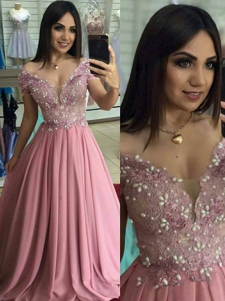 Nectarean Pink V-neck Off-the-shoulder A-Line Prom Dresses_2