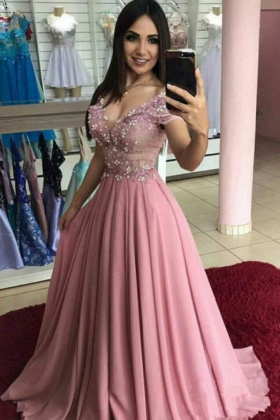 Nectarean Pink V-neck Off-the-shoulder A-Line Prom Dresses_1