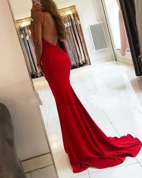 Elegant Red V-neck Spaghetti Straps Mermaid Prom Dresses_2