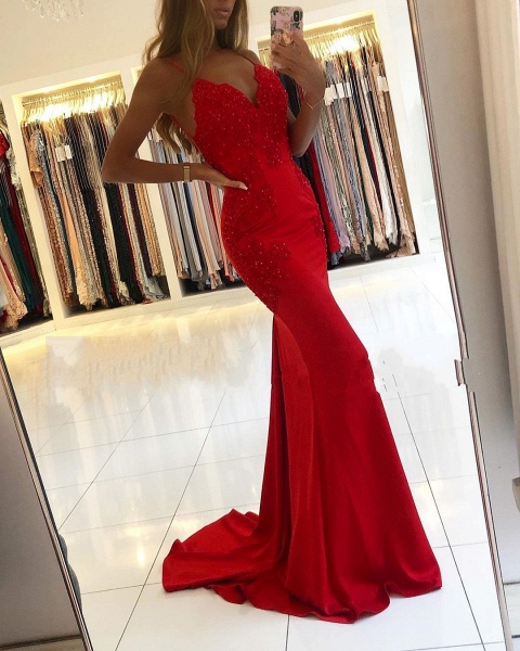 Elegant Red V-neck Spaghetti Straps Mermaid Prom Dresses_1