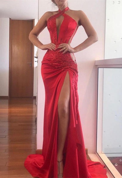 Sexy Long Mermaid Halter Satin Prom Dresses with Slit_1