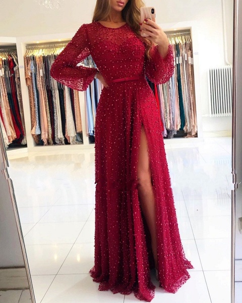 Exquisite Red Jewel Long Sleeve A-Line Prom Dresses with Slit_1