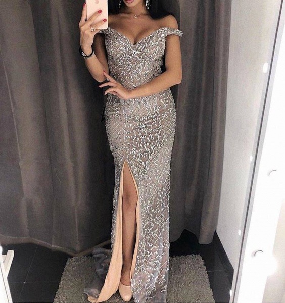 Sexy Sweetheart Off-the-shoulder Beading Sheath Prom Dress With Side Slit_1