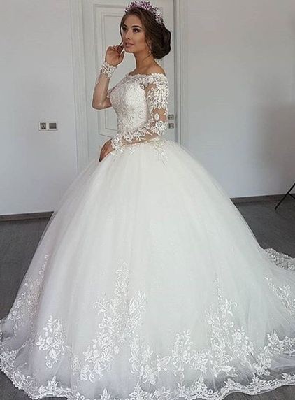 Beautiful Long Sleeve Off the Shoulder Appliques Lace Princess Wedding Dress_1