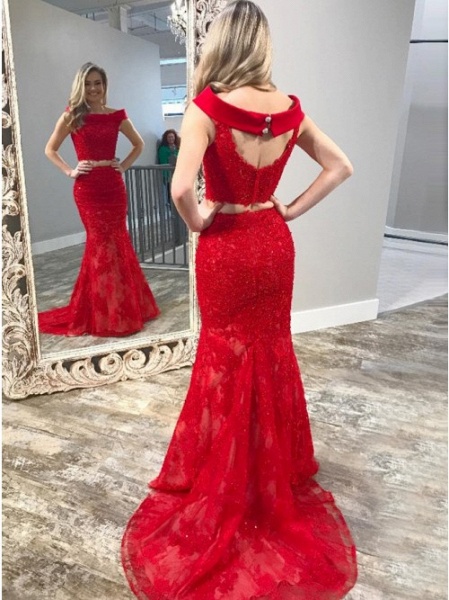 Glamorous Off-the-shoulder Backless Lace Floor-length Mermaid Prom Dress_1